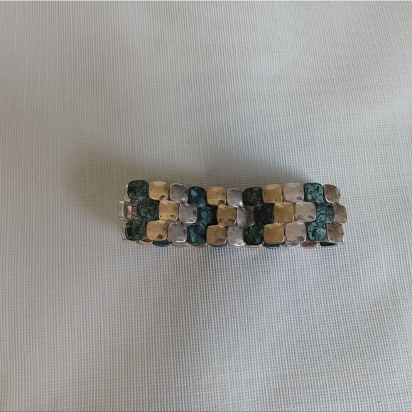 Gold & Silver Toned Patina Green Mosaic Metal Squares Stretchy Elastic Bracelet - Picture 3 of 8